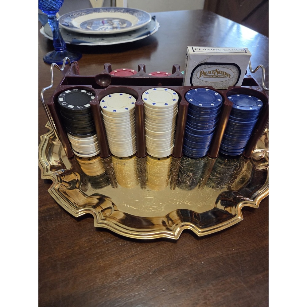vintage poker set features colored casino-style chipsand Casino Used Cards
